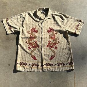 AUTEHNTIC SHAOLIN TAN DRAGON BLOUSE PRINTED BUTTON DOWN SIZE ADULT EXTRA LARGE